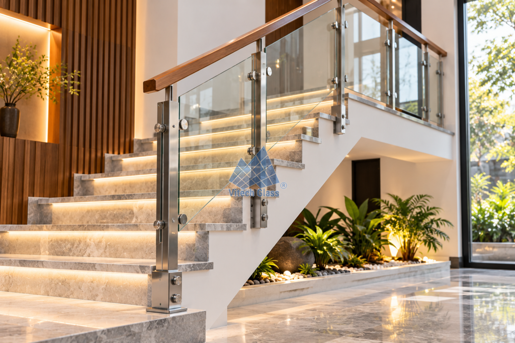 Cầu thang kính tay vịn gỗ và inox