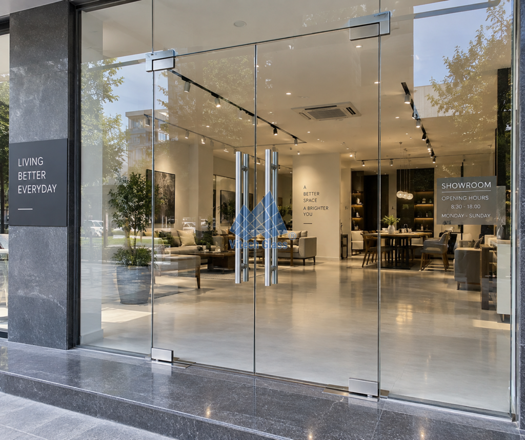 Cửa đi bản lề sàn cho showroom