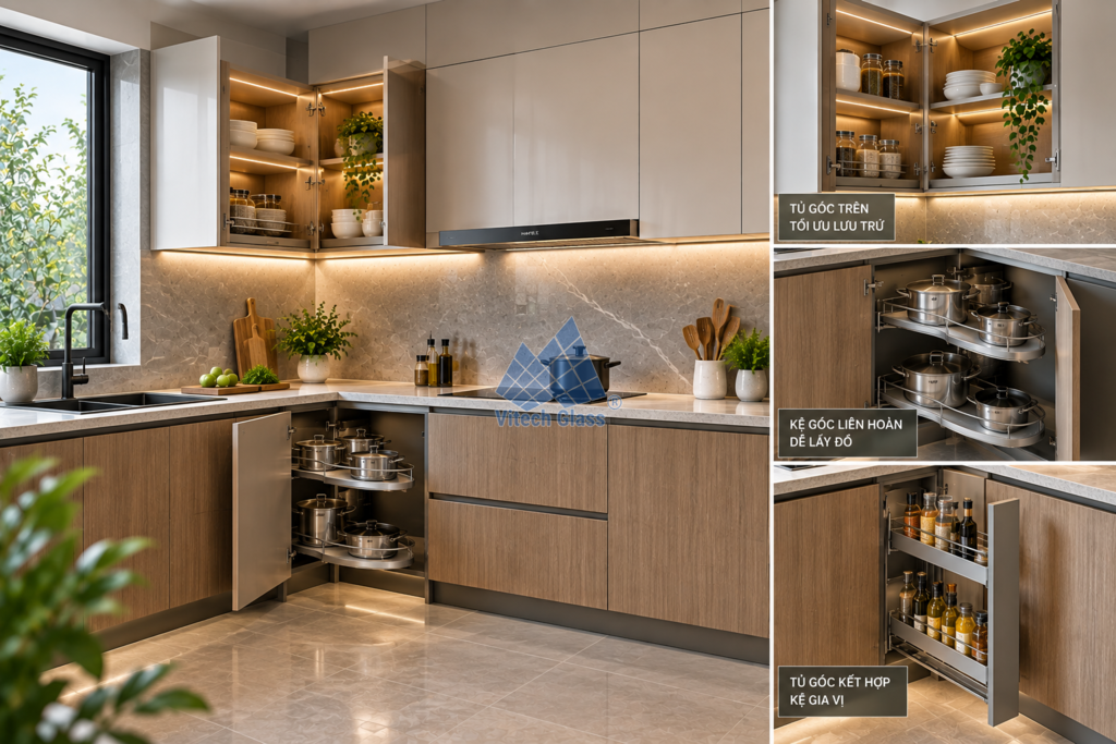 Tủ bếp nhôm góc trong bố cục bếp chữ U
